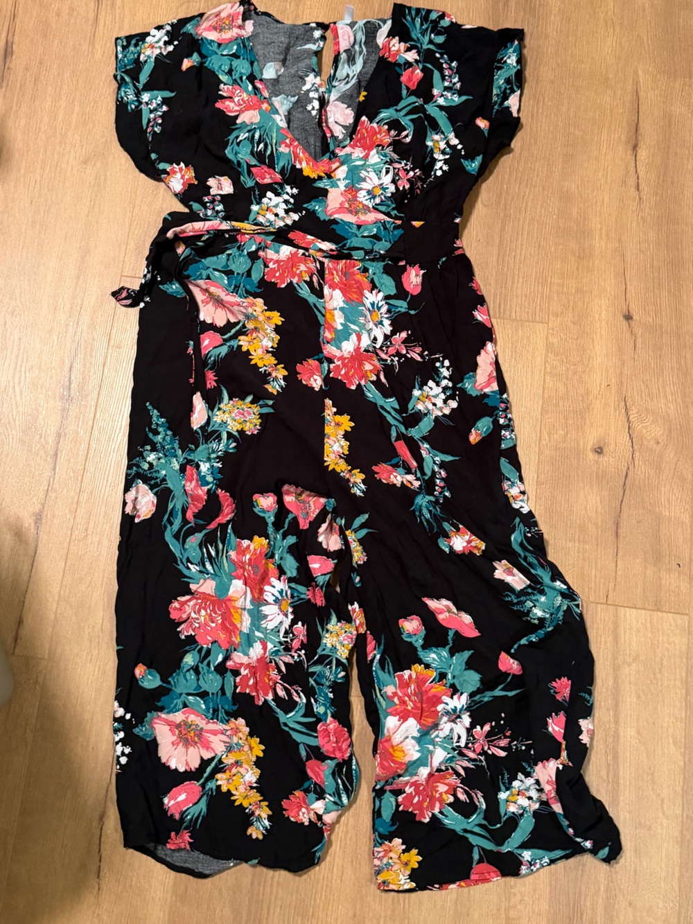 Xhilaration Black Floral Wrap Jumpsuit with Pink, Teal & Yellow Blooms